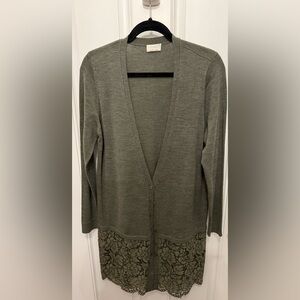 Wrap London Long 100% Merino Wool Olive Green Lace Hem Cardigan